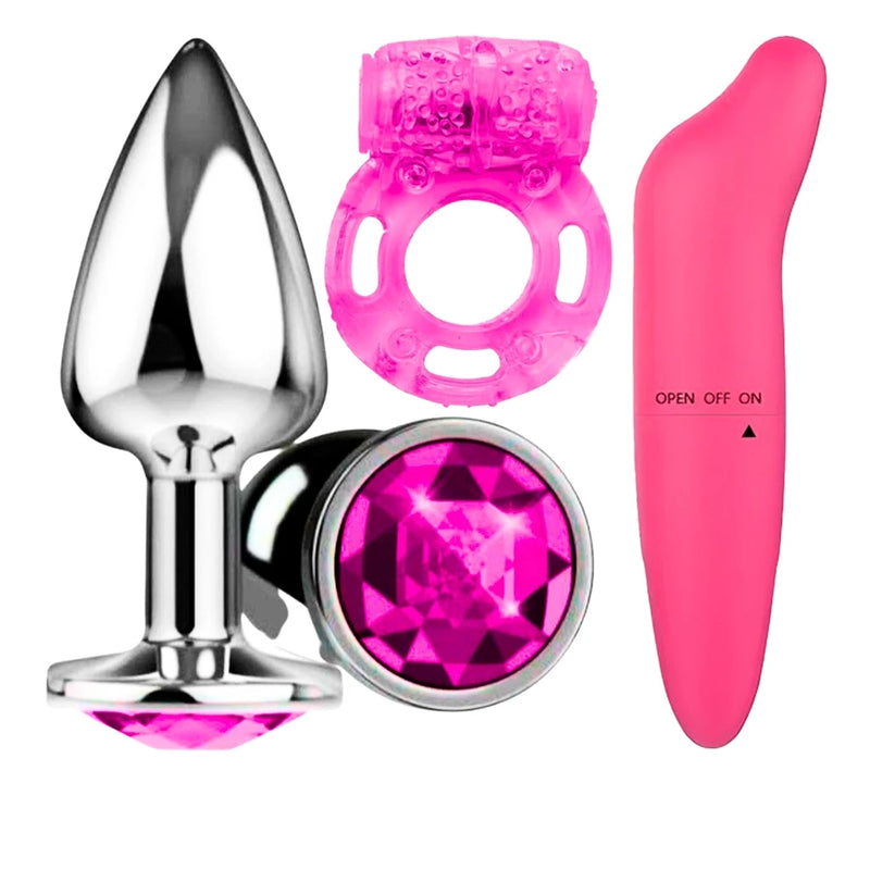 Kit Plug Anal + Vibrador e Estimulador Ponto G + Anel Peniano com Vibração